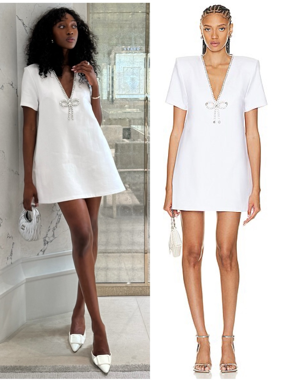 Area Crystal Bow V Neck T-Shirt Mini Short White Dress Size Women’s S